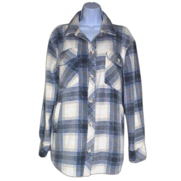 Thread & Supply Plaid Flannel Shacket Women’s Size Small Blue White Oversized - Picture 1 of 12